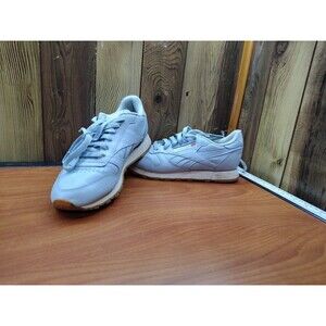Women Reebok Classic Leather Running Shoes Sneakers Grey Gray Blue White 7.5